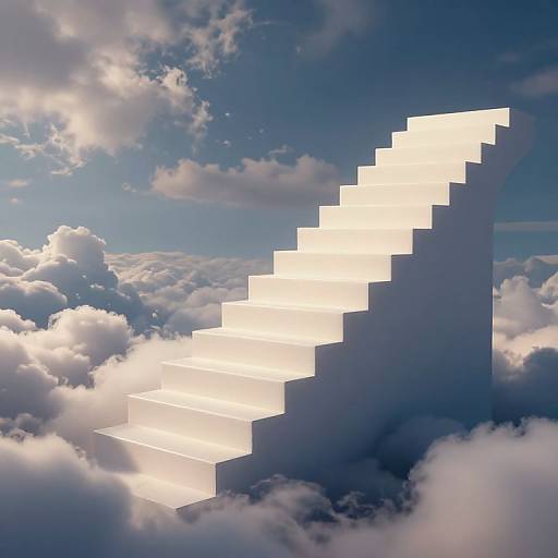Digital artwork: Bright, white, pixelated staircase ascending through fluffy, white clouds against a blue sky with scattered clouds. Ethereal, surreal.