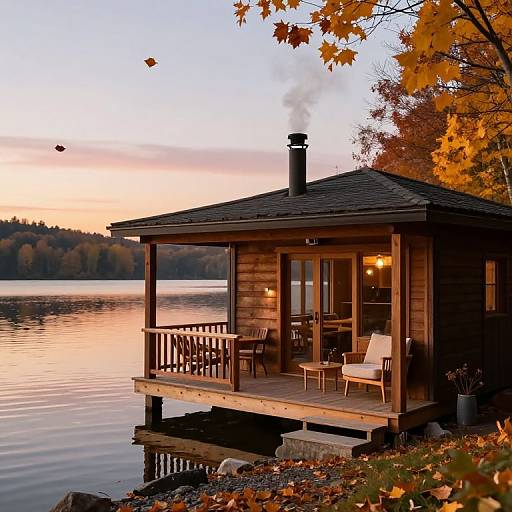 Cozy Autumn Lakeside Cabin Scene