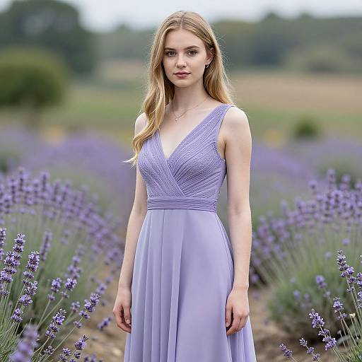 Photograph of a blonde woman with fair skin wearing a lavender, sleeveless, V-neck dress standing in a lavender field.