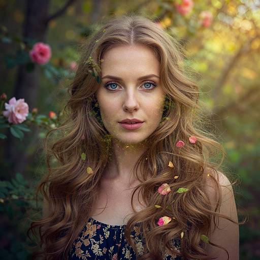 Photograph of a beautiful young woman with long, wavy brown hair, blue eyes, and fair skin, wearing a black floral dress, surrounded by