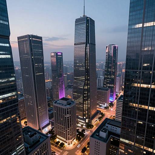 Photograph of a bustling city skyline at dusk, featuring tall, modern skyscrapers with illuminated windows, purple and blue neon lights, and busy streets