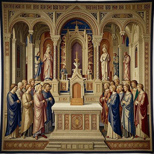 Detailed Renaissance painting of Jesus' Sermon in the Temple, depicting Jesus in the center, surrounded by 30 male figures in flowing robes, under orn