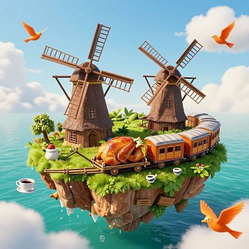 Whimsical digital illustration of a floating island with two windmills, a train, a roasted turkey, and orange birds above turquoise water.