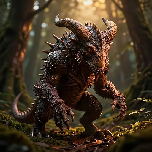 Digital art of a fearsome, horned, spiked dragon creature crouching in a sunlit, misty forest, surrounded by moss-covered ground