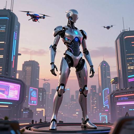 CGI image of a futuristic, humanoid robot standing in a neon-lit, cyberpunk cityscape with flying drones and towering skyscrapers.