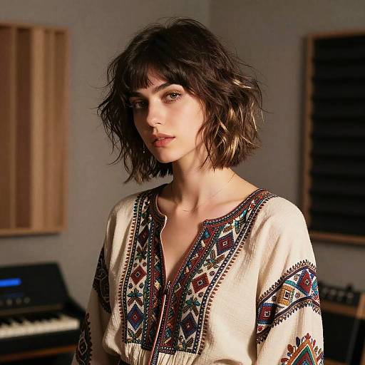 Photograph of a young woman with wavy, shoulder-length black hair, wearing a white, patterned bohemian blouse, standing in a dim