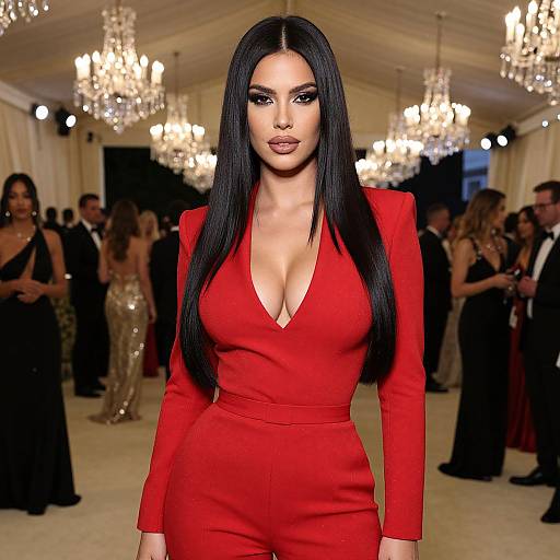 Photograph of a beautiful woman with long black hair, wearing a deep V-neck red dress, standing in an elegant ballroom with chandeliers and