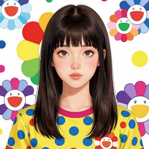 Digital anime-style portrait of a young Asian girl with straight black hair, wearing a yellow polka dot shirt, set against a colorful background of playful,