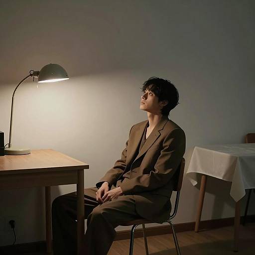 Man in Brown Suit Sitting in Dimly Lit Room