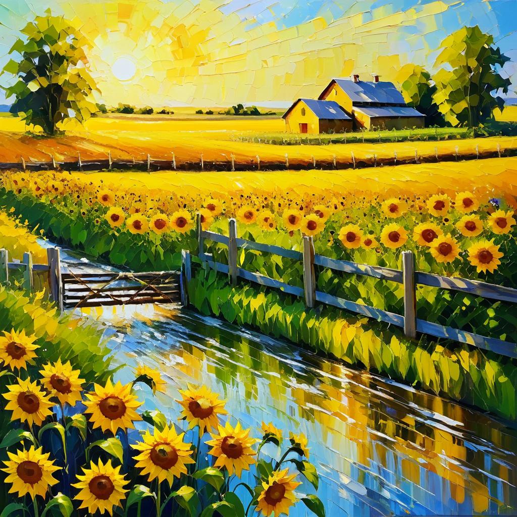 Romantic Sunflower Field with Rustic Fence