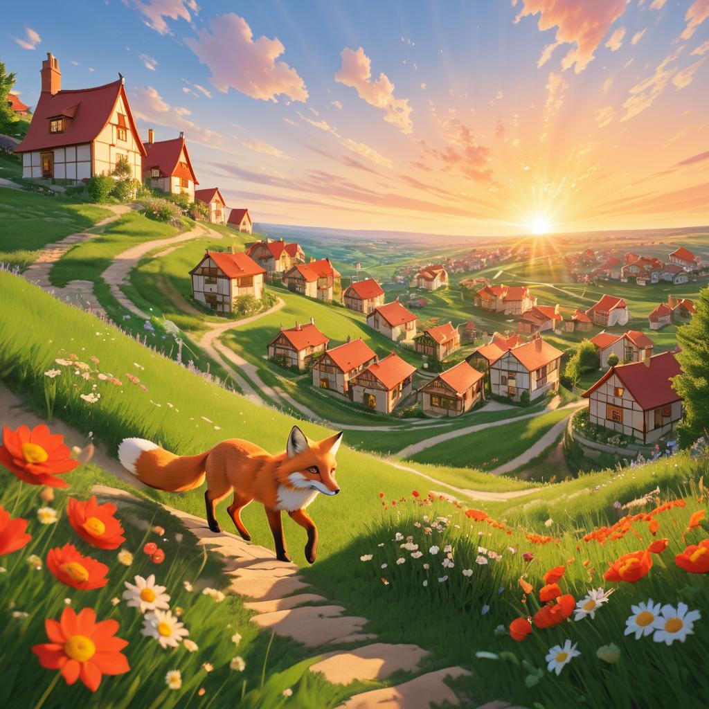 Playful Red Fox Overlooking Charming Village