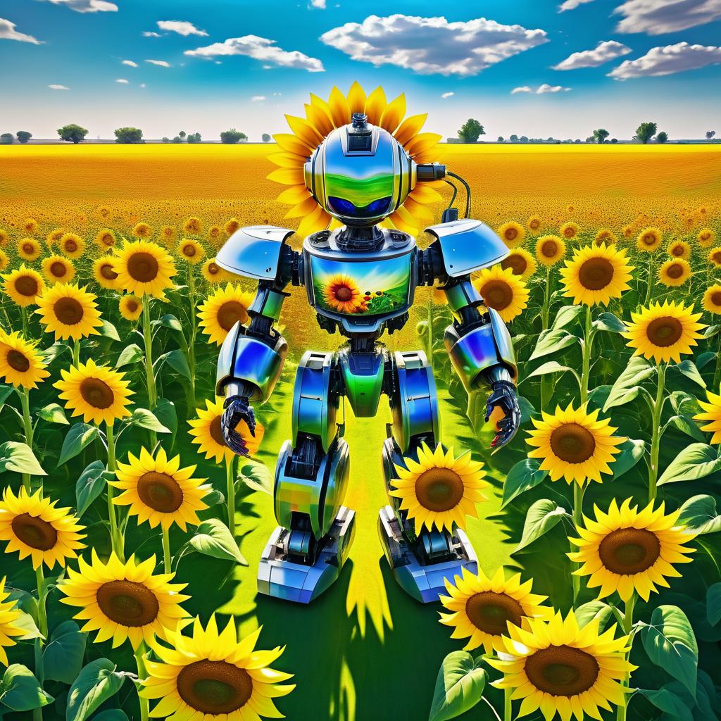 Surreal Robot Painting a Sunflower Field