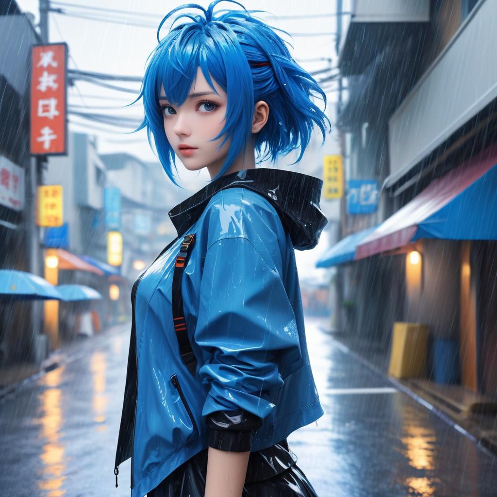 Confident Robot Anime Girl in Rain