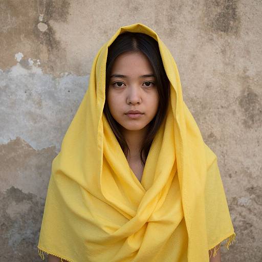 Photograph of a young girl with long black hair, wearing a bright yellow hooded shawl, standing against a textured, weathered beige wall.