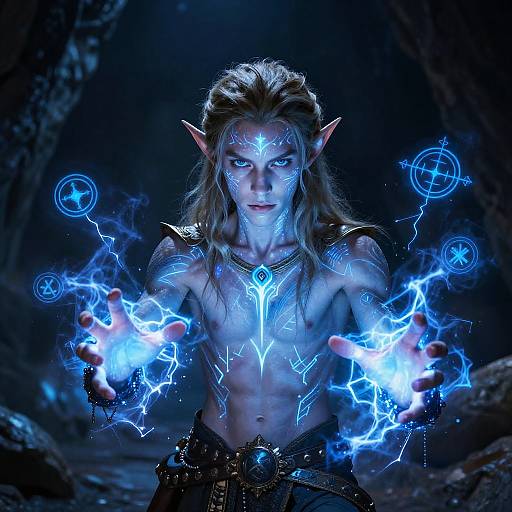 Digital artwork of a muscular, blue-lit, elven wizard with glowing runes, long hair, pointed ears, and blue electricity in outstretched