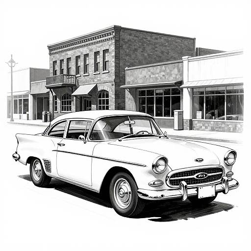 Black and white digital drawing of a classic 1960s car parked in front of a brick building with large windows.
