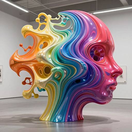 Vibrant, rainbow-colored, abstract, metallic sculpture of a human head with flowing, wave-like contours and glossy finish, displayed in a modern art