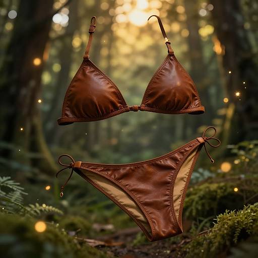 Photograph of a brown leather bikini with triangle top and low-rise bottoms, floating in a mystical forest with glowing fairy lights.