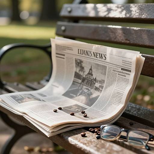 Photograph of a newspaper with black-and-white headlines and a bench photo, resting on a wooden park bench with glasses and coffee beans nearby, sunlight filtering