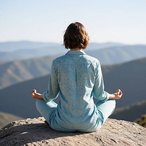Photograph of a woman with short brown hair, wearing a light blue patterned jumpsuit, meditating in lotus position on a rocky mountain peak
