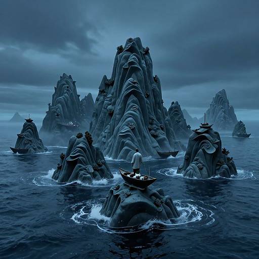 Digital artwork of a surreal, blue-tinted sea with towering, rock-like structures emerging from the water; a small boat floats in the foreground.
