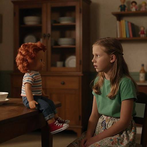 Girl Facing Doll in Dimly Lit Room
