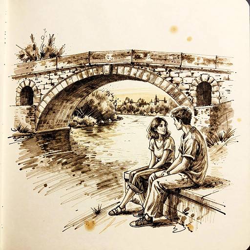 Romantic Lovers on Stone Bridge