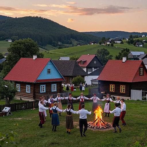 Photograph of a rural village at sunset, featuring a group of people in traditional white shirts and colorful skirts dancing around a bonfire in front of wooden