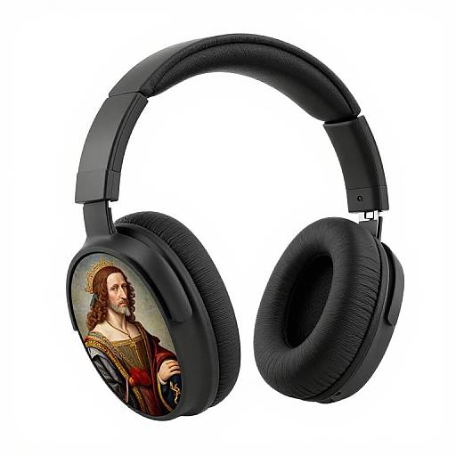 Photograph of black over-ear headphones with a detailed painting of Jesus Christ on the right ear cup, against a white background.