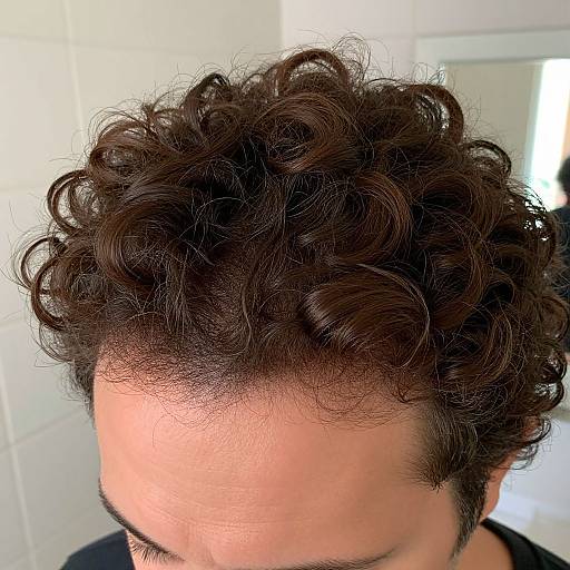 Close-up photograph of a man's head showing curly, dark brown hair with a receding hairline against a white tiled background.