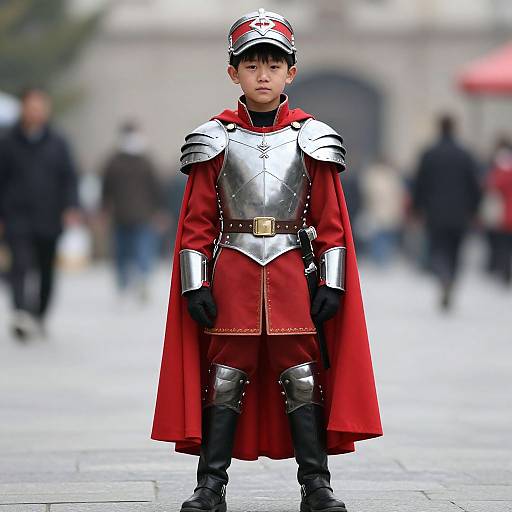 Photograph of a young Asian boy in medieval armor, red cape, and helmet, standing confidently in a busy urban street.