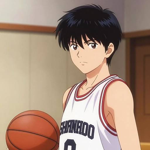 Anime-style digital drawing of a serious young man with black hair, wearing a white basketball jersey with 