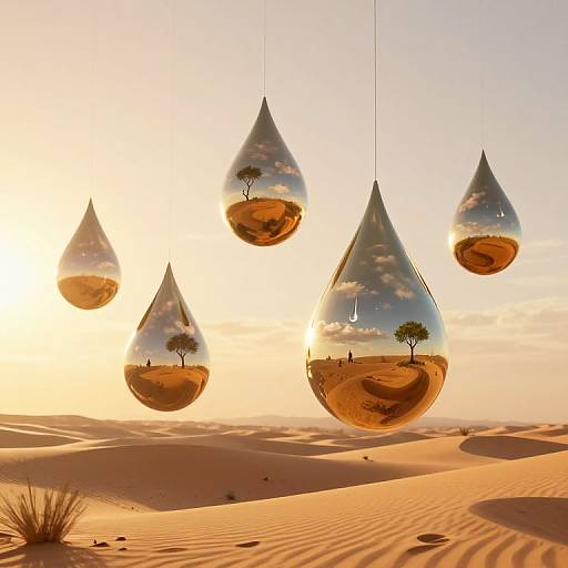 Photograph of five teardrop-shaped glass pendant lights hanging in a desert at sunset, reflecting trees and clouds, with rippled sand dunes in