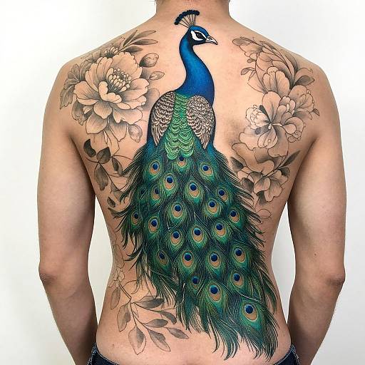 Vibrant Peacock Back Tattoo Design
