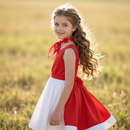 Young girl in red and white dress in sunny meadow