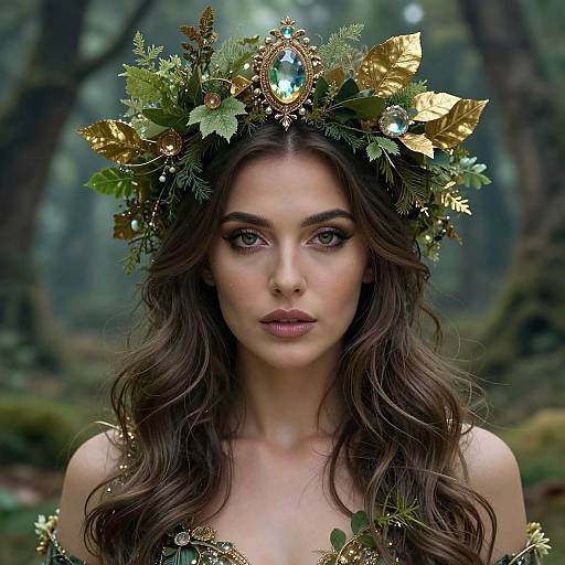 Photograph-style CGI of a beautiful woman with long brown hair, wearing a green and gold leafy crown with a blue gem, in a misty