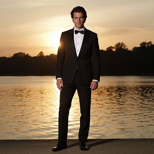 Photograph of a handsome man in a black tuxedo with bow tie, standing on a lakeshore at sunset, glowing sun behind him,