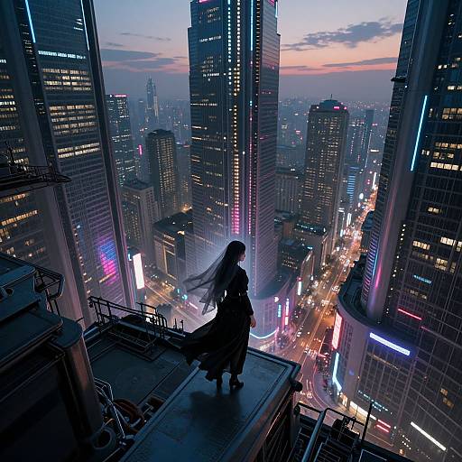 Digital artwork: Silhouetted woman with flowing hair stands on rooftop, overlooking a vibrant, neon-lit, futuristic cityscape at dusk. Tall