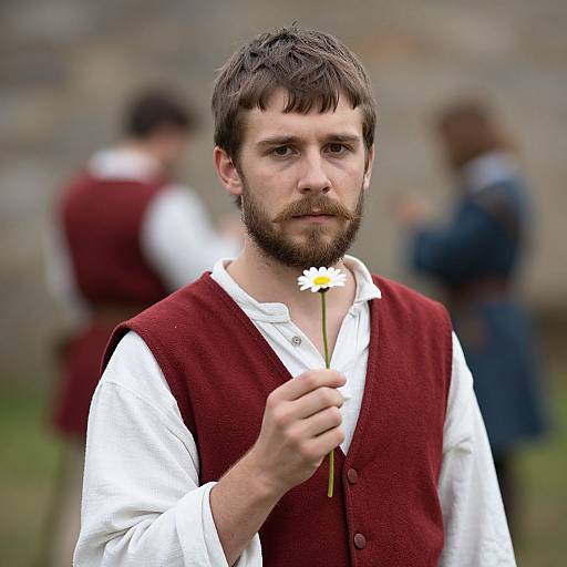 Photograph of a bearded man with short brown hair, wearing a white shirt and red vest, holding a daisy, standing outdoors with blurred background