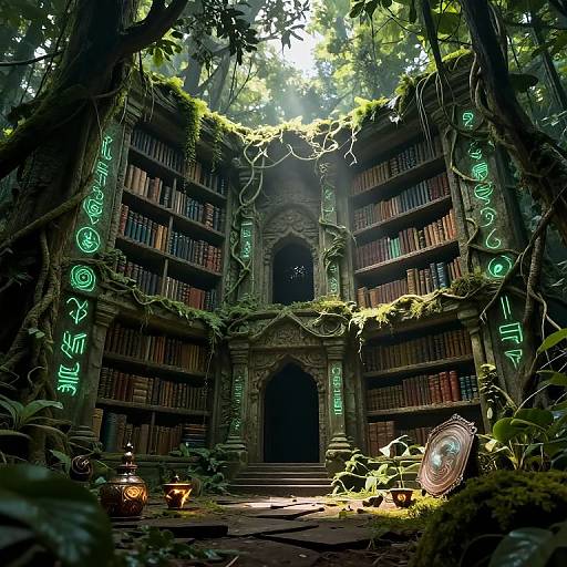 Mysterious, overgrown library with glowing green runes, dense foliage, ancient books, mystical artifacts, and a glowing orb on moss-covered steps. Phot