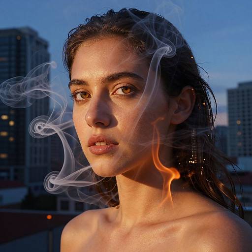 Photograph of a young woman with wet, dark hair, gazing forward against a cityscape at dusk. White smoke swirls around her face,