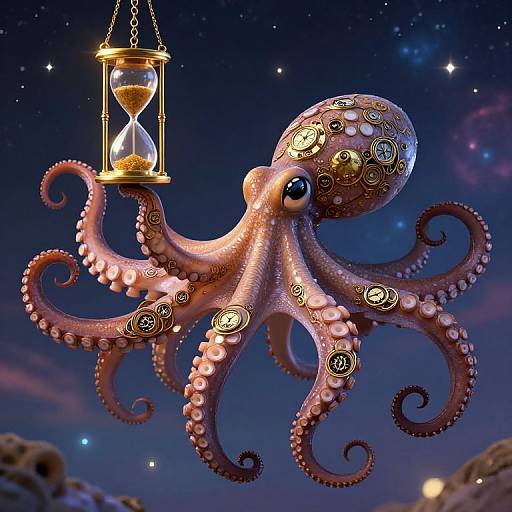 Digital illustration of a pink, ornate octopus holding a glowing hourglass lantern against a starry, cosmic night sky.