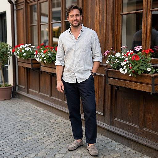 Photograph of a smiling bearded man with brown hair, wearing a white button-up shirt, black pants, and gray shoes, standing in front of