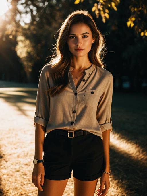 Casual Chic Woman in Taupe Blouse and Black Shorts