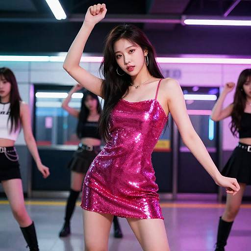 K-pop Idol in Magenta Sequin Mini Dress