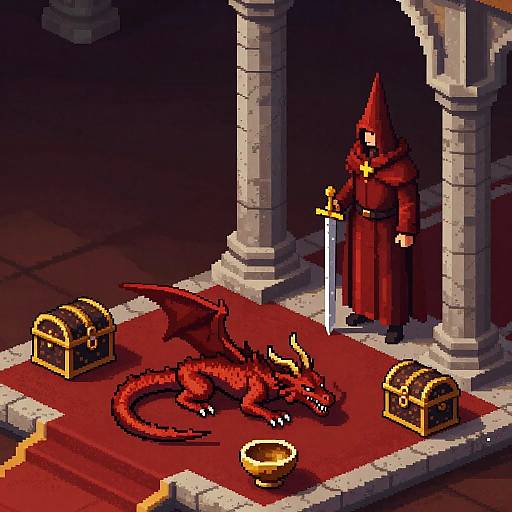 Medieval Pixel Art: Hooded Figure and Red Dragon