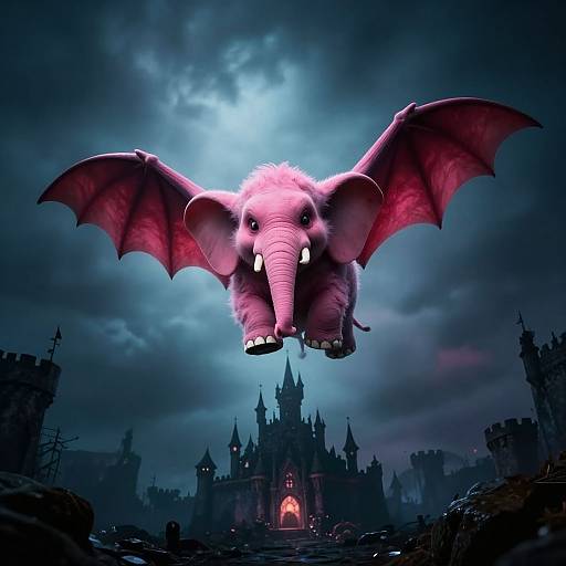 Digital artwork of a pink, bat-winged elephant with white tusks flying over a dark, gothic castle under a stormy blue sky.