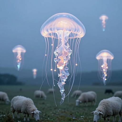 Photograph: Glowing jellyfish float above grazing sheep in a misty, blue-lit field, with additional jellyfish in the background.