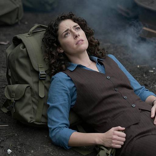 Worried Woman Amidst Smoke and Chaos