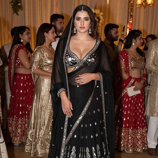 Photograph of a confident South Asian woman in a black, sequined traditional outfit with a sheer veil, standing amidst a group of women in gold and